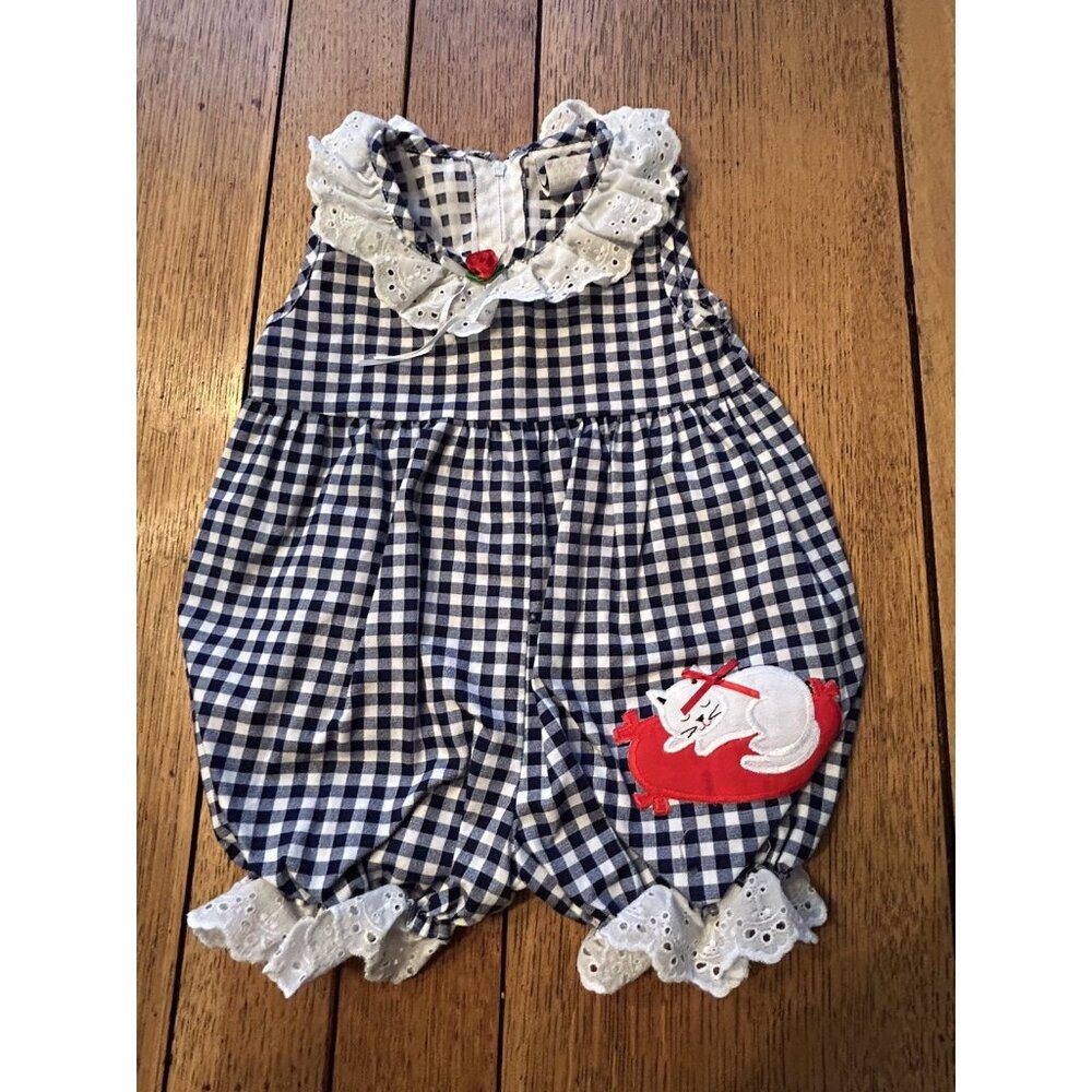 Vintage Girls Jumper Cat Appliqué 12M Pete's Partner Navy Blue Gingham Lace